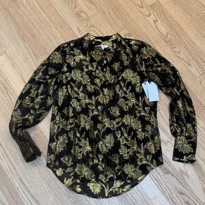 Equipment Femme Black and Gold Leaf Pattern Shirt